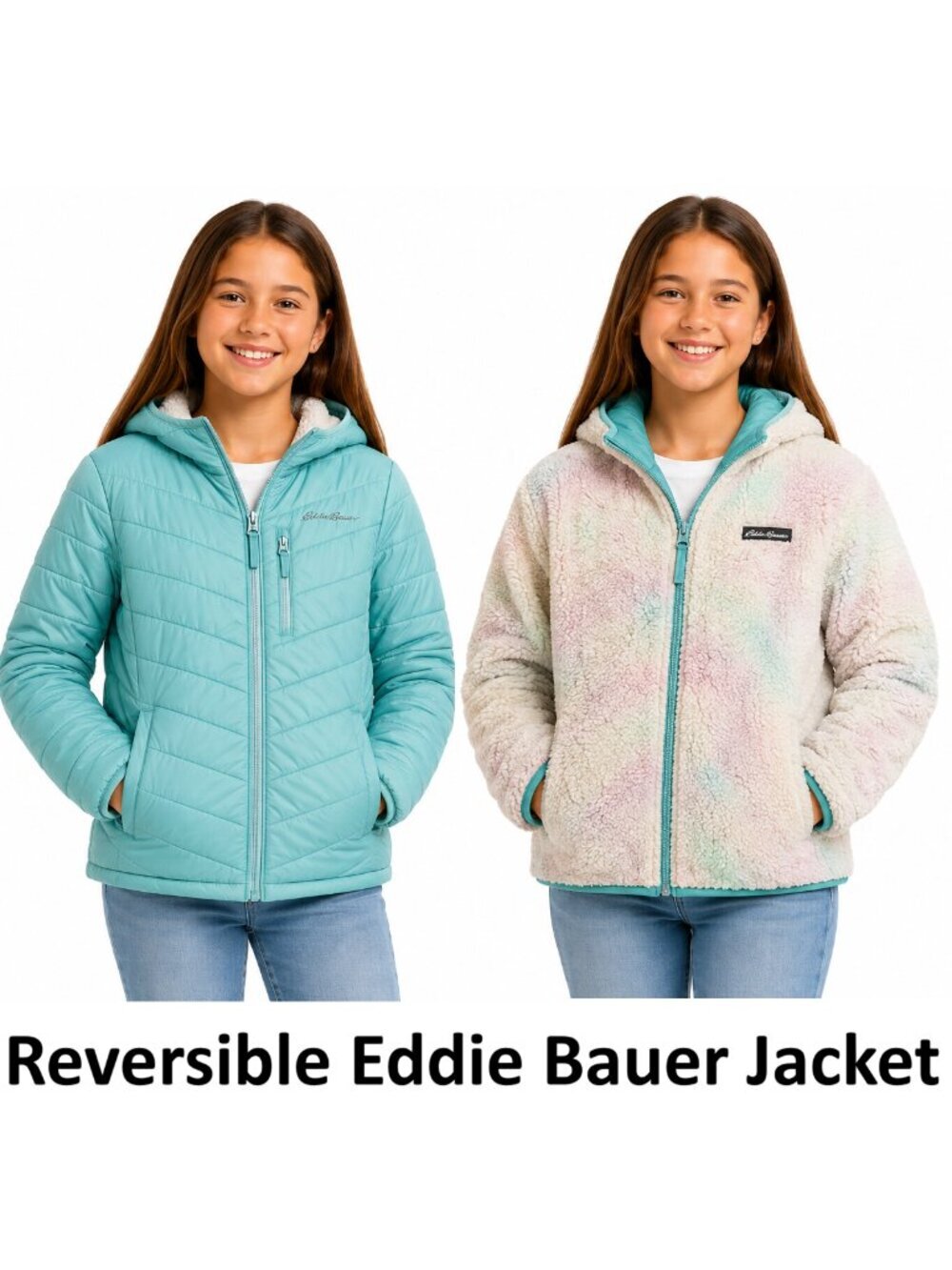 Eddie Bauer Girls Sz 14/16 Reversible Jacket Teal, Deer Harbor Waterproof Puffer